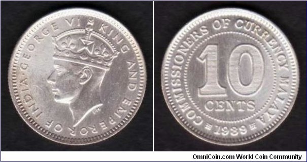 Malaya 10 Cents 1939 KM#4 