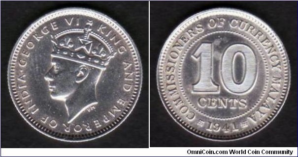 Malaya 10 Cents 1941 KM#4 