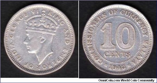 Malaya 10 Cents 1943 KM#4a 