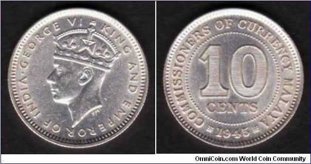 Malaya 10 Cents 1945 KM#4a 