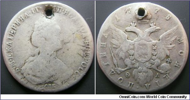 Russia 1778 poltina. Holed but a tough denomination to find. Weight: 10.89g. 