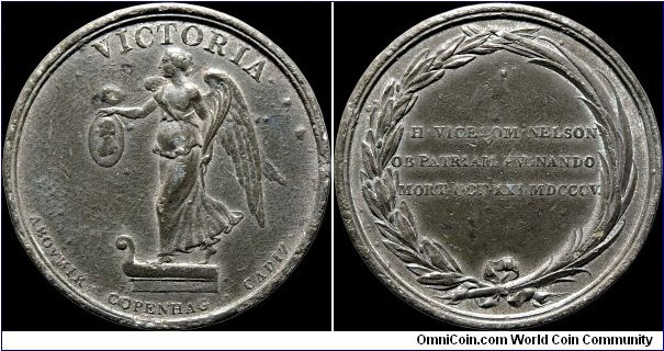 1805 Death of Lord Nelson, Great Britain.

White metal, possibly originally silvered.