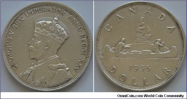 Canada, 1 dollar, 1935 First Voyageur design, marking the 25th anniversary of the accession of King George V. silver