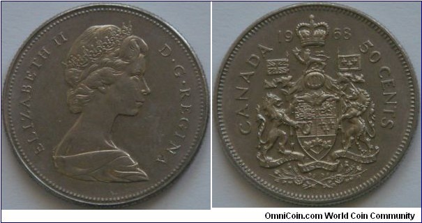 Canada, 50 cents, 1968 (1968-1976, 1978-1989) Regulation Coin Coat of Arms, Nickel