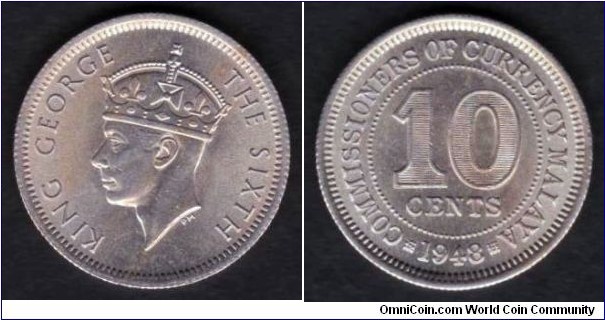 Malaya 10 Cents 1948 KM#8 
