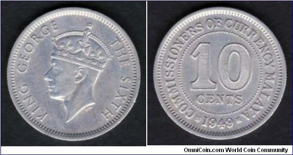 Malaya 10 Cents 1949 KM#8 