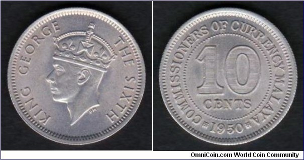 Malaya 10 Cents 1950 KM#8 