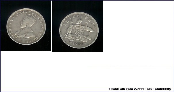 1914 Threepence. This variety has the scroll to the right of the 4 lower than normal.