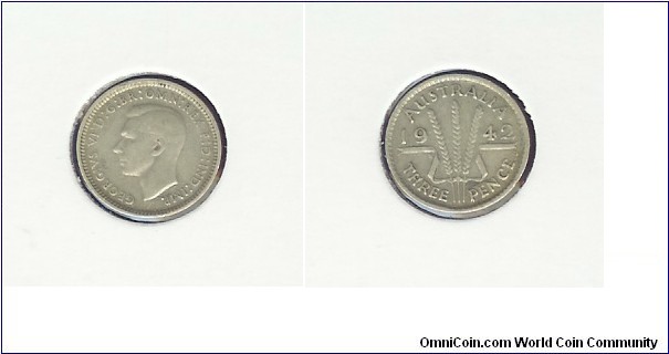 1942 (S) Threepence. The 'S' mint mark denotes that this coin was struck at the San Francisco mint in the USA