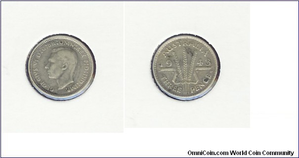 1943 (D) Threepence. The 'D' mint mark denotes that it was struck at the Denver mint in the USA