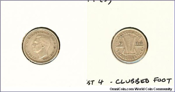 1944 (S) Threepence. This variety has the 'S' mint mark higher than normal wit the '44' deformed.