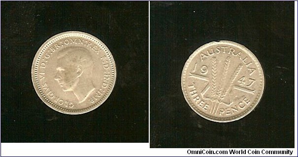 1947 Threepence. Die crack from '7' to rim.