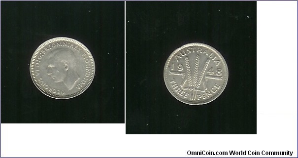 1948 Threepence. Die crack through THREEPENCE. Die crack from '8' to rim. Obverse rotated to 11 o'clock (SCARCE)