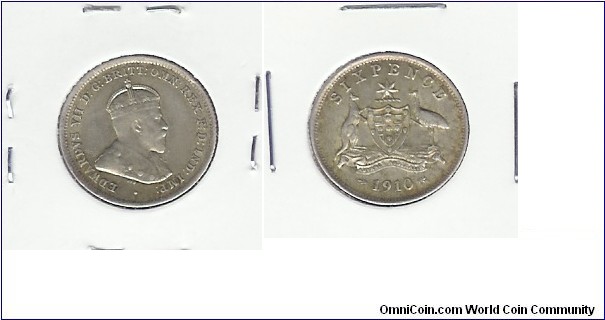 1910 Sixpence. First year minting of the Australian sixpence.