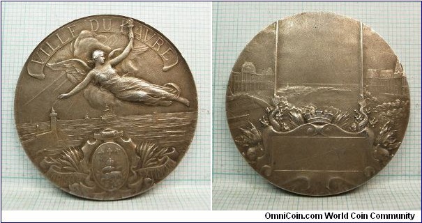 1900 o.j. France Ville Du Havre Navigation Medal engraved by Hippolyte-Jules Lefebvre, Silver 40 MM, 31.6 GM
