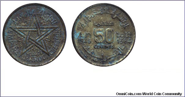 Morocco, 50 centimes, 1945, Al-Bronze, AH: 1364.