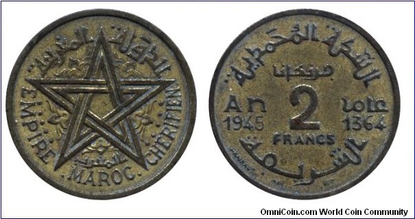 Morocco, 2 francs, 1945, Al-Bronze, Empire Maroc Cherifien, AH: 1364.