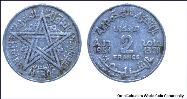 Morocco, 2 francs, 1951, Al, 22mm, Empire Maroc Cherifien, AH: 1370.