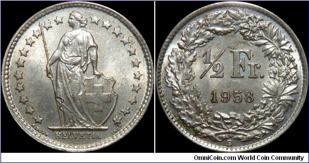 ~SOLD~ Switzerland 1/2 Franc 1958-B Cleaned (Silver)