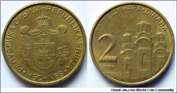 2 dinara.
2007, Cu-Ni-Zn. Weight; 5,15g. Diameter; 22mm.