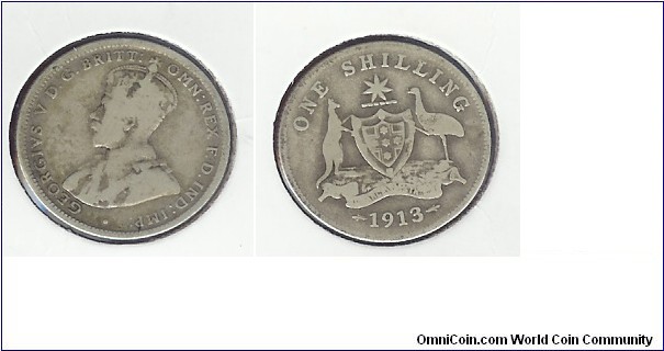 1913 Shilling. '3' tilts to the left