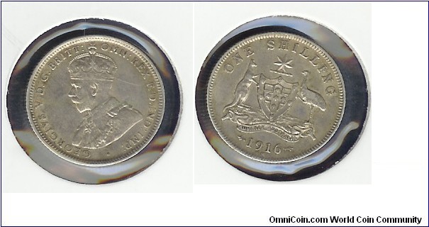 1916 Shilling. Upright '6' variety. Nice coin.