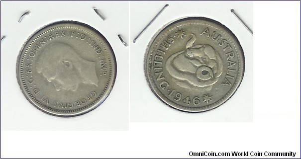 1946 (Dot 's') Shilling. Dot before the 'S' of Shilling denotes it was minted at the Perth mint
