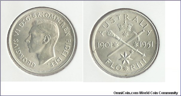 1951 Florin. Commemorative Florin 50 Years of Federation