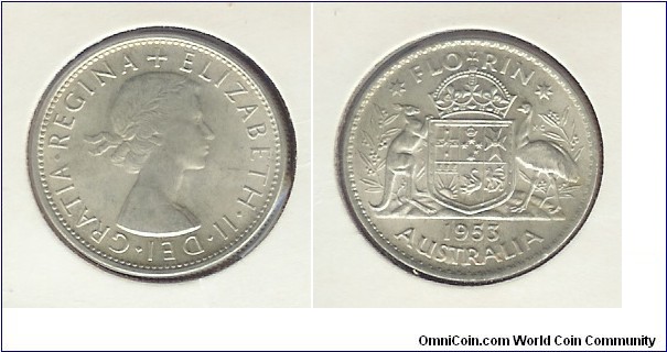 1953 Florin. Small denticles variety UNC