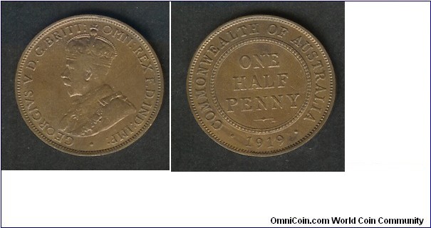 1919 Halfpenny. Last '9' upright. Nice coin.