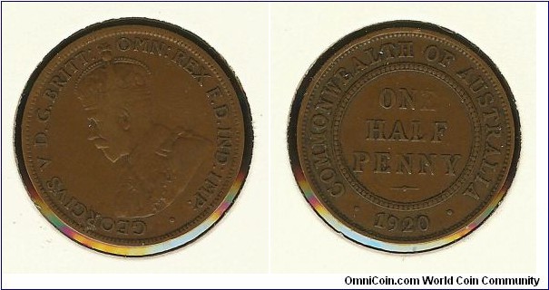 1920 Halfpenny. Die fill to 'E' of ONE & rotated to 11 o'clock