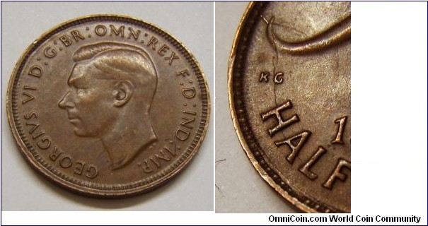 1948 (Y.) Halfpenny. Die crack Roo's tail to 'HA'