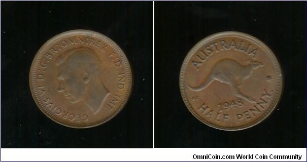 1948 (Y.) Halfpenny. Slightly off-centre & rotated to 11 o'clock