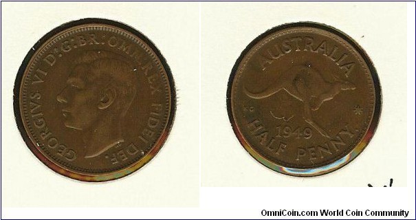 1949 (Y.) Halfpenny. Die crack from 'TRA' to 'PEN'