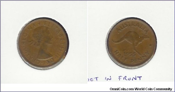 1955 Halfpenny. Dot in front of the Roo