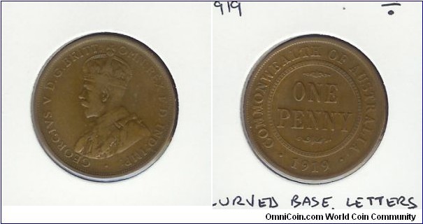 1919 Penny. Dot Below Bottom Scroll. London Obv. Curved base of reverse lettering.