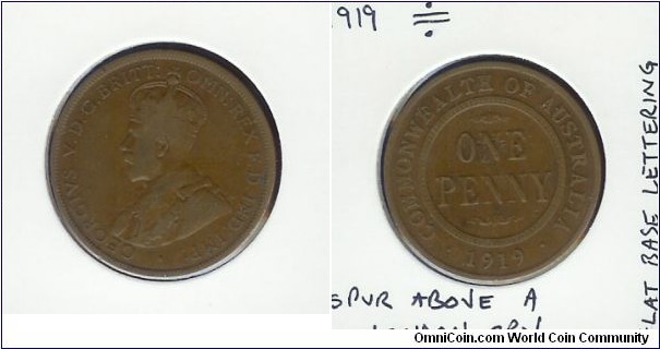 1919 Penny. Dot Above Top & Below Bottom Scrolls. London Obv. Spur above 'A'