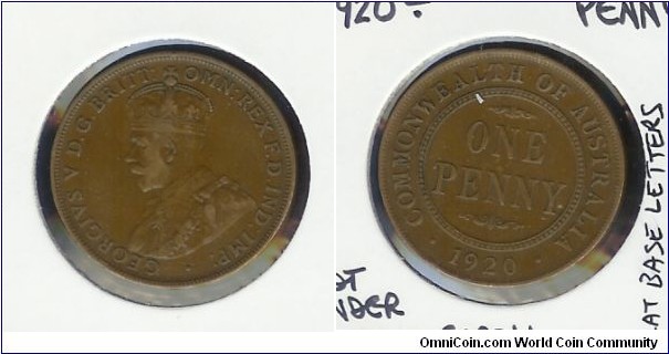 1920 Penny. Dot Below Bottom Scroll. Flat base of reverse lettering. Obverse die crack 'OMN' to 'IMP'