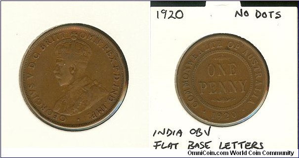 1920 Penny. No Dots. India Obverse.