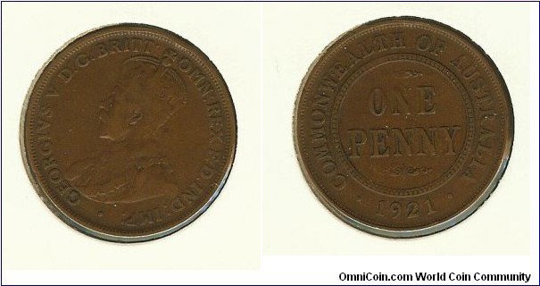 1921 Penny. Rotated to 1 o'clock.
