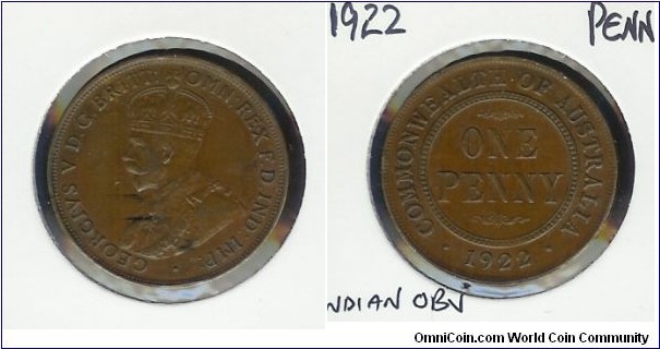 1922  Penny. India Obv. Curved base of reverse lettering