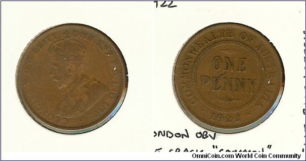 1922 Penny. London Obv. Curved base of reverse lettering. Die crack through 'COMMON'