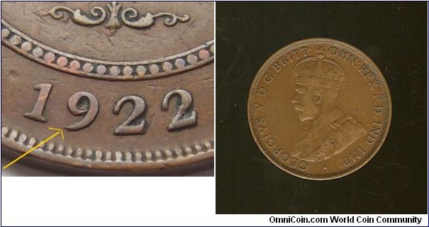 1922 Penny. Spur on the tail of '9'