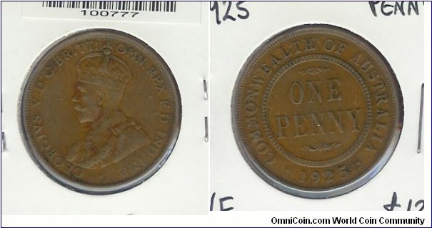 1925 Penny. RARE KEY DATE gVF