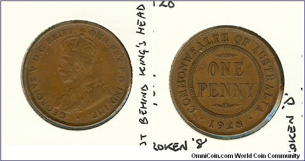 1928 Penny. Broken 8 - Broken O of OMN - Broken O of George - Broken D of FD - Dot Behind Kings Head