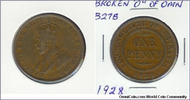 1928 Penny.  Broken 8 - Broken O of OMN