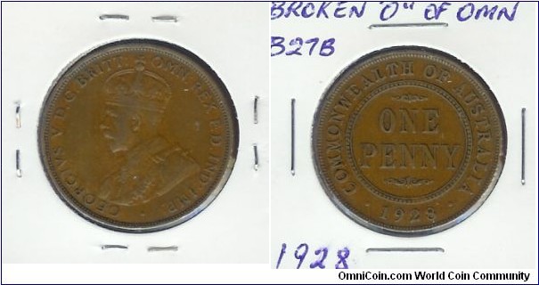 1928 Penny. Broken O of 'OMN'