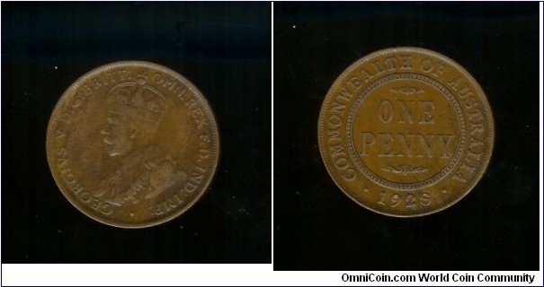 1928 Penny. Broken O of OMN - Broken O of GEORGE