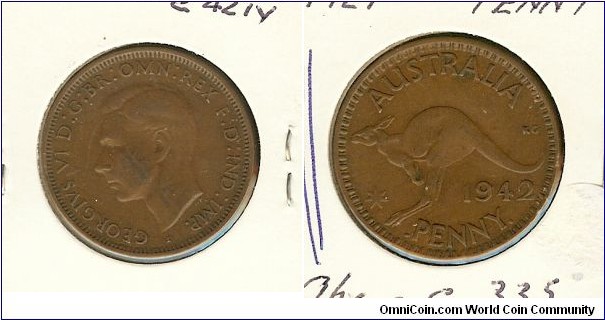 1942 (I) Penny. Long reverse denticles. Rotated to 11 o'clock