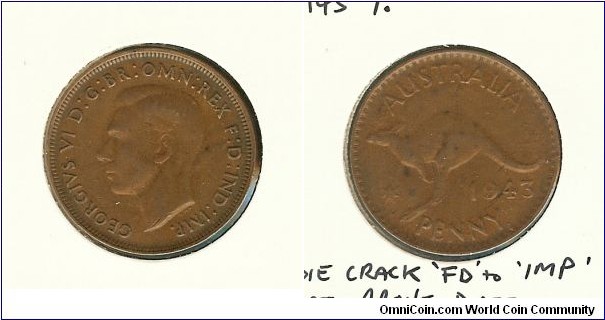 1943 (Y.) Penny. Die crack 'FD' to IMP